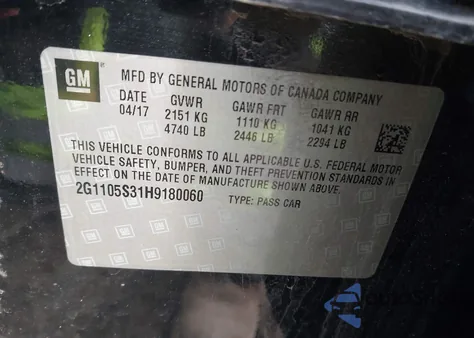 2017 Chevrolet Impala 1Lt from USA, damaged, VIN 2G1105S31H9180060